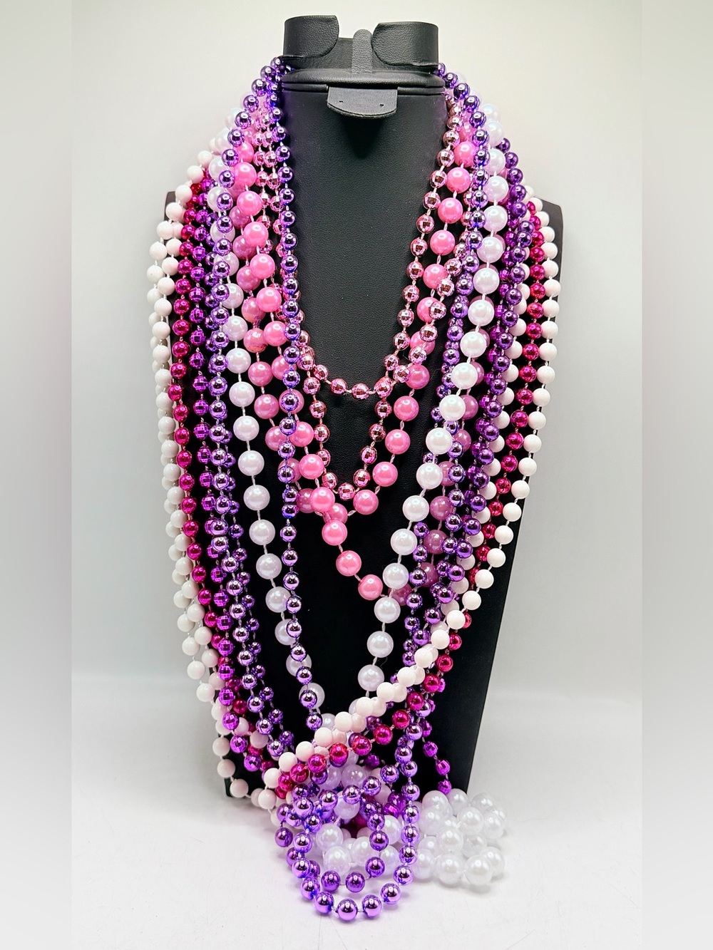 Party Beads! Necklaces; 10 strand lot, in Pretty Pink, Purple and White!